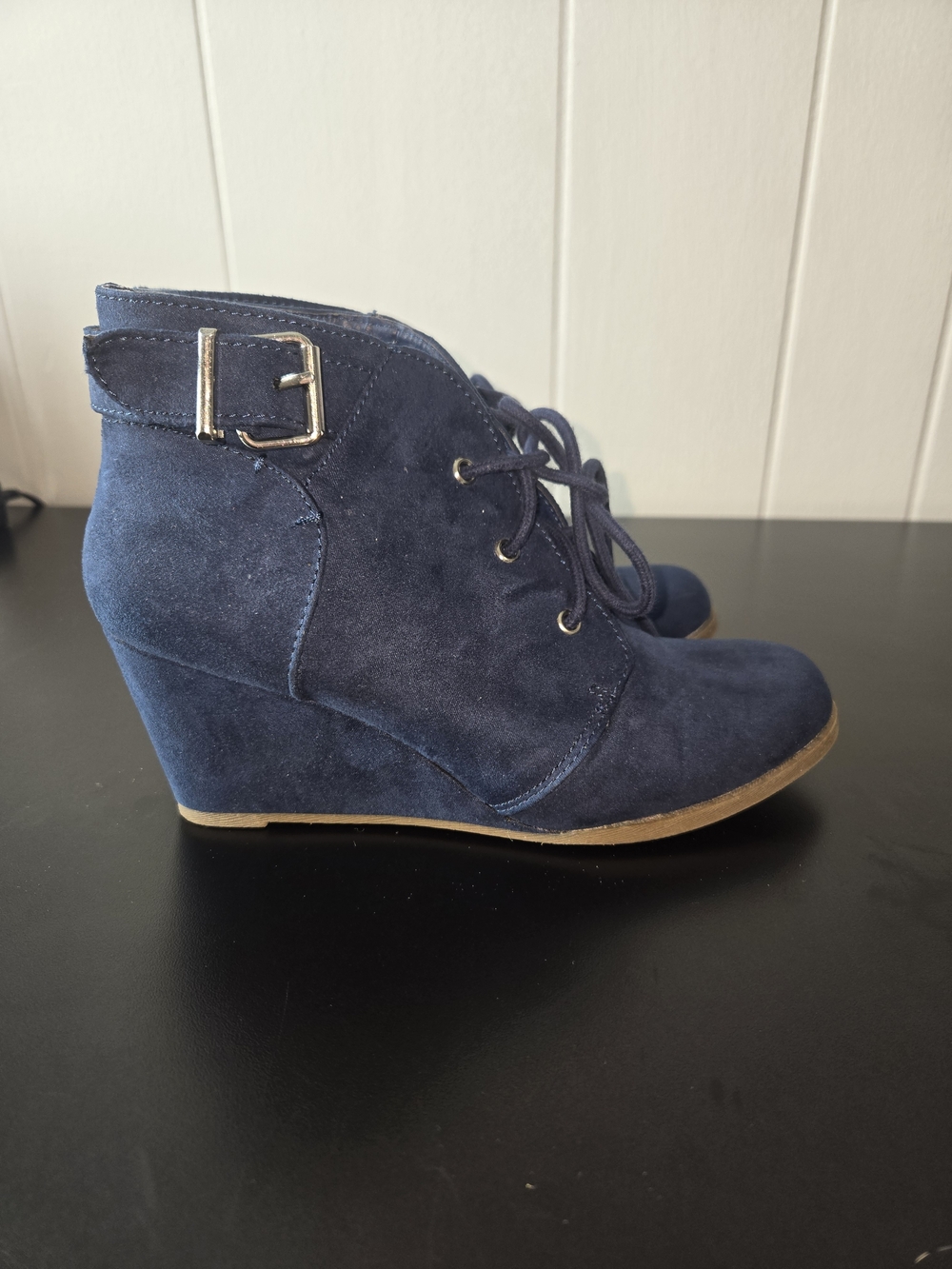 SO Navy Suede Lace-Up Wedge Booties with Buckle Accent